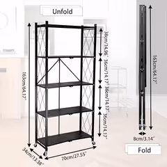 Tekerlekli Katlanabilir 5 Katlı Siyah Metal Raf 155x70x30 Cm