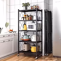 Tekerlekli Katlanabilir 5 Katlı Siyah Metal Raf 155x70x30 Cm