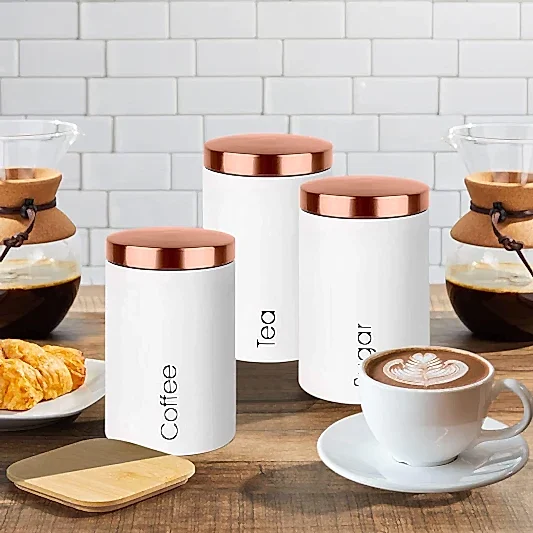 3 lü Metal Kahvelik Şekerlik Seti Bronz Kapak Beyaz