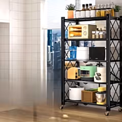 Tekerlekli Katlanabilir 5 Katlı Siyah Metal Raf 155x70x30 Cm