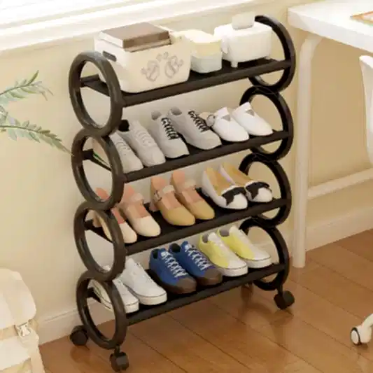 Tekerlekli 4 Katlı Ayakkabı Düzenleyici Siyah Raf
